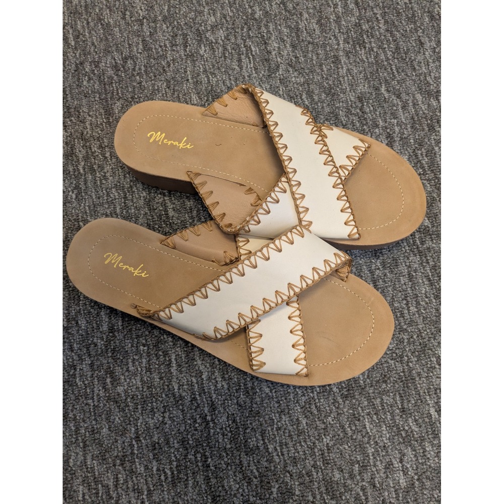 Meraki White Stitch Detail Flat Slide Sandals Women Size 8 Casual Summer